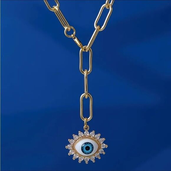 Vintage Inspired Gold Evil Eye Paperclip Rhinestone Chain Necklace - Picture 3 of 5